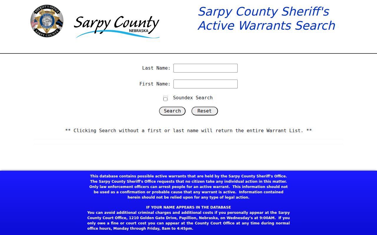 Nebraska active warrant search example showing the Sarpy County Sheriff's local name-search form