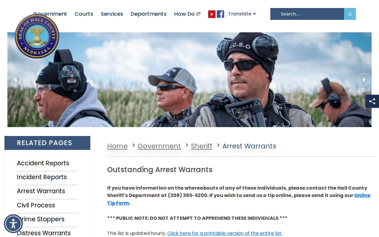 Hall County Sheriff's official website, a local Nebraska warrant channel