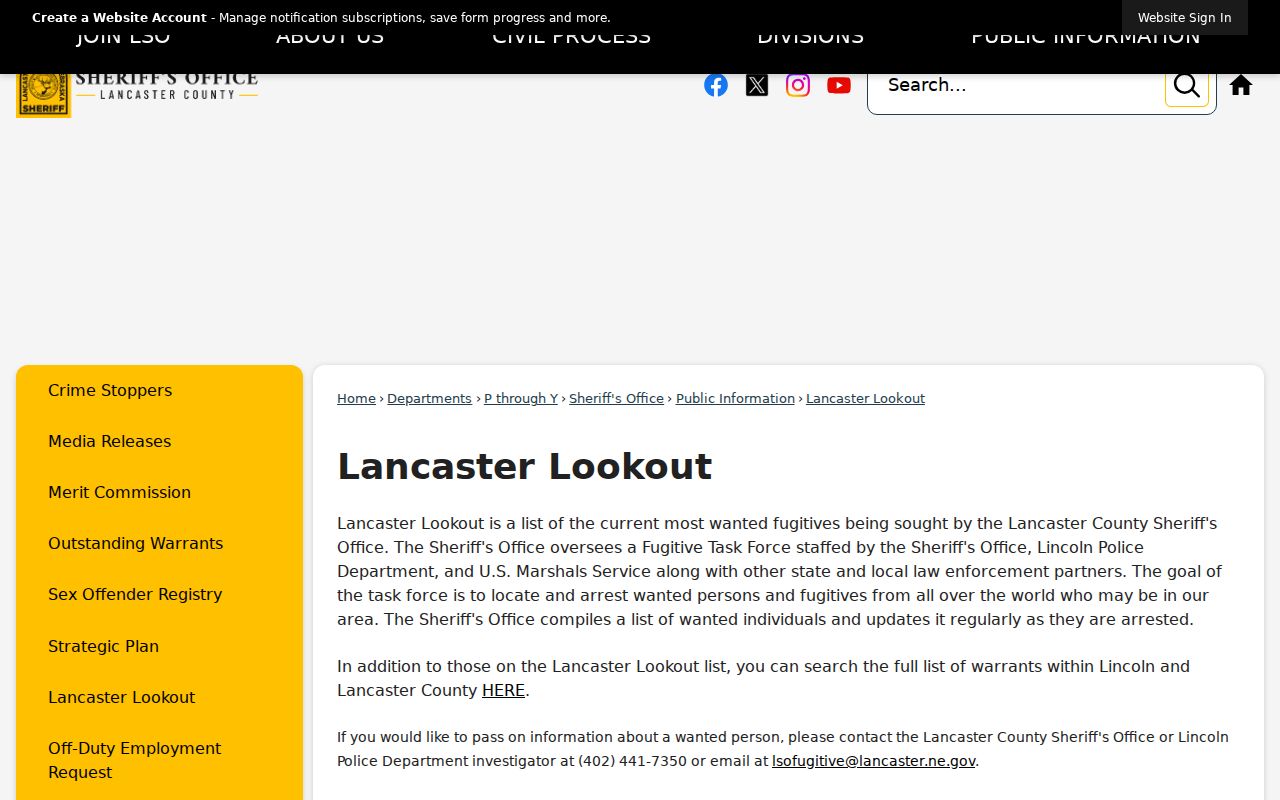 Nebraska bench warrant local-program reference showing the Lancaster County Lancaster Lookout page