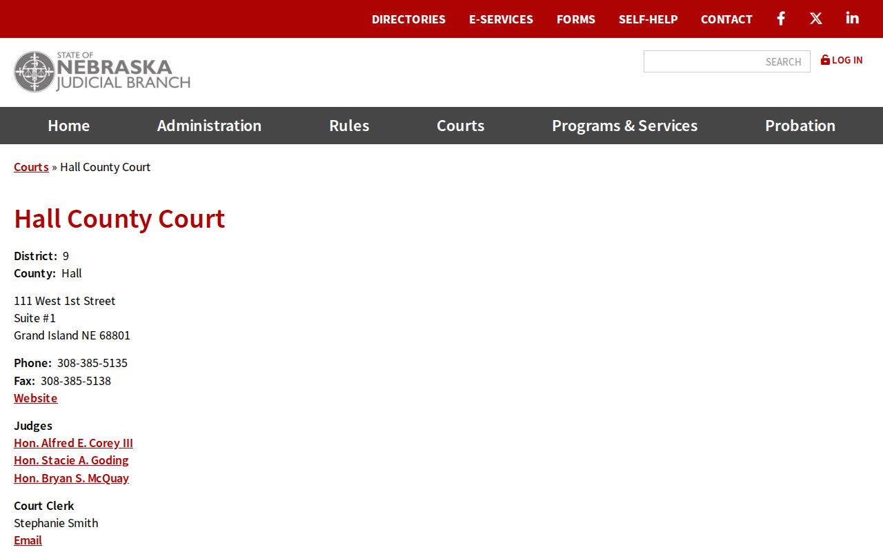 Nebraska bench warrant court contact reference showing a Judicial Branch county court page