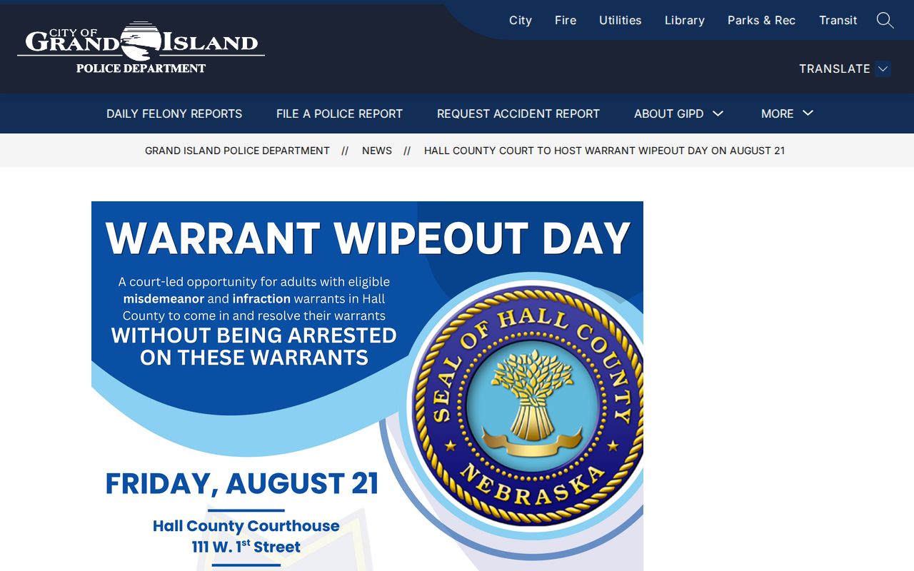 Grand Island notice for a past Nebraska warrant resolution event