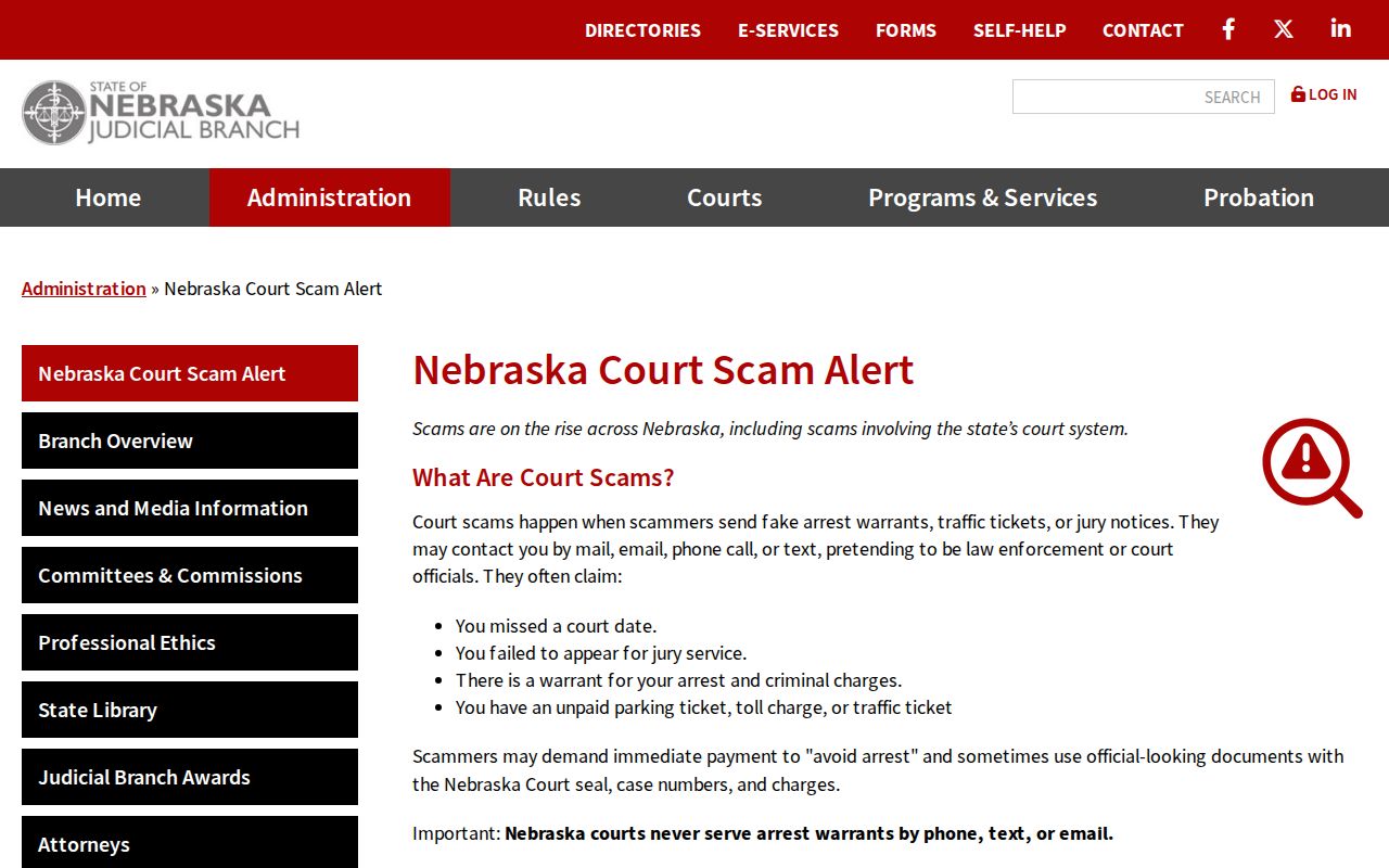 Nebraska court scam alert explaining fake warrant and payment demands