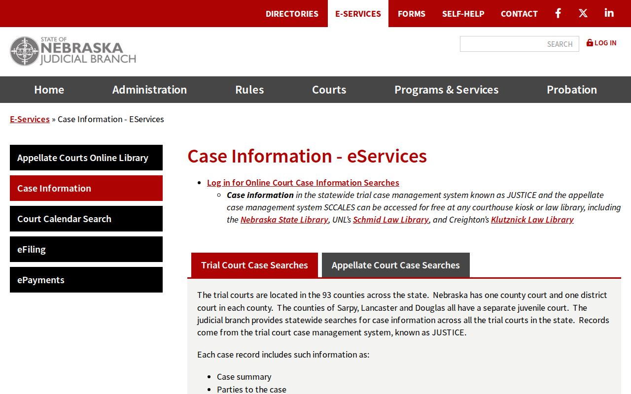 Nebraska JUSTICE statewide case information page, not a warrant status tool