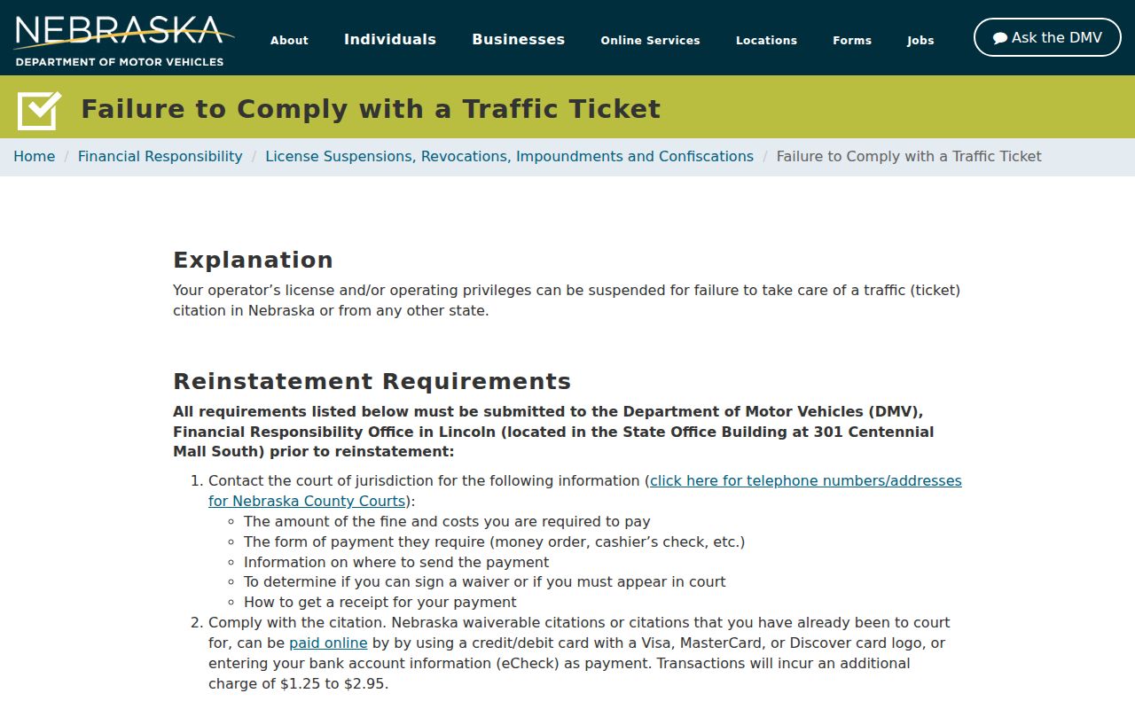 Nebraska traffic warrants: DMV failure-to-comply instructions