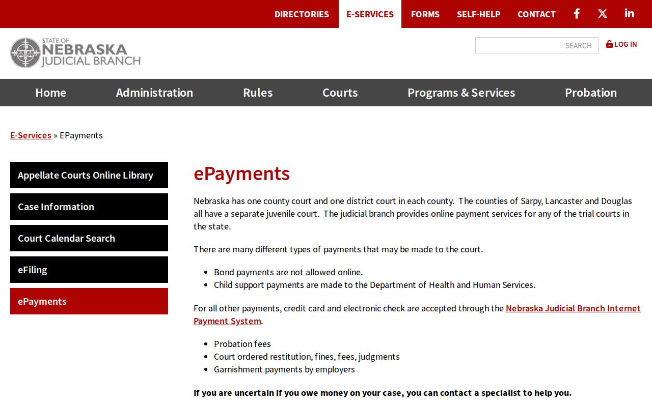 Nebraska bench warrant payment guidance showing the Judicial Branch ePayments page and online bond exclusion