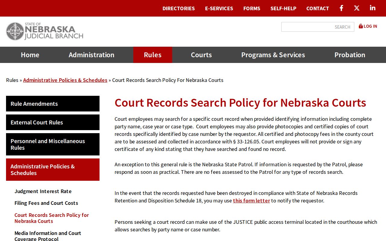 Nebraska warrant records access policy explaining court-record search limits