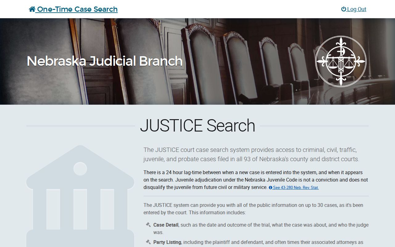 Nebraska warrant check reference showing the JUSTICE one-time court case search
