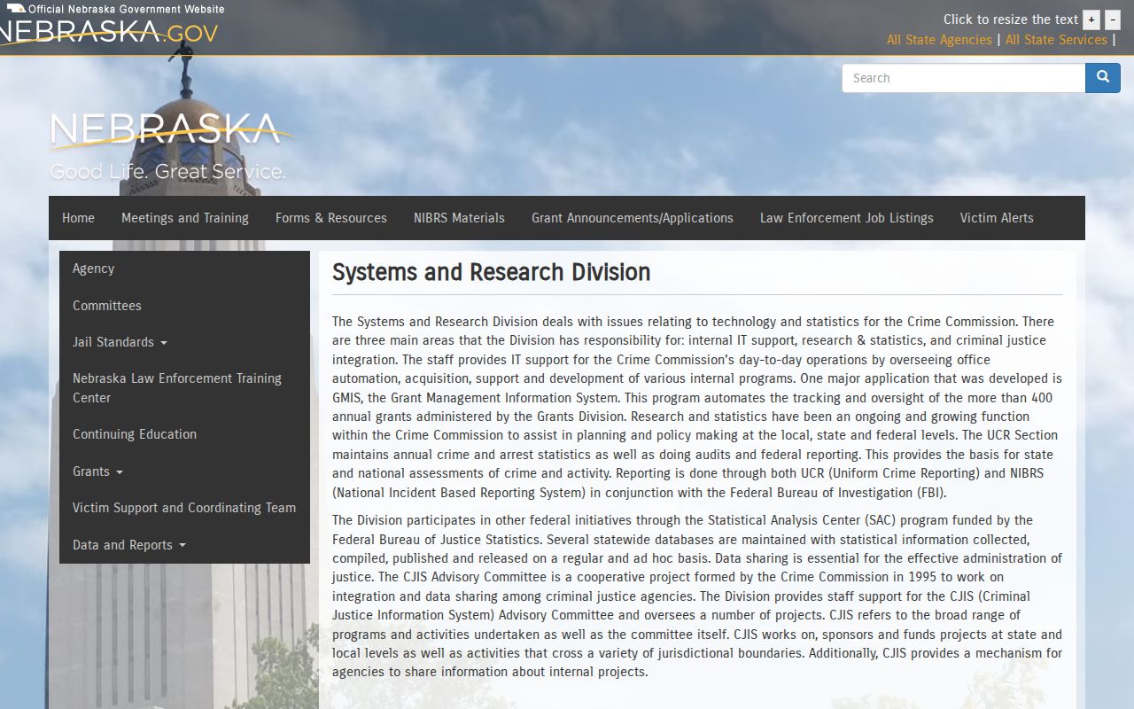 Nebraska Crime Commission Systems and Research Division webpage