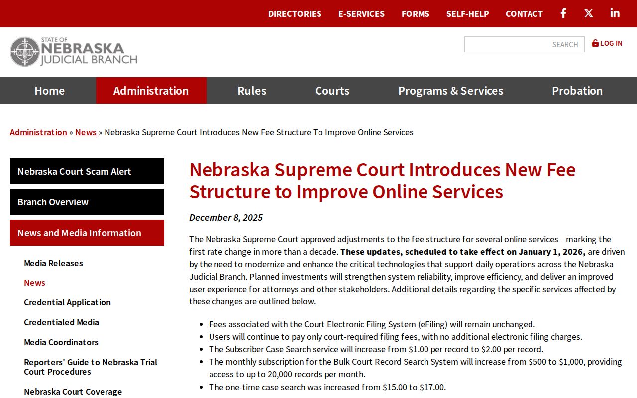 Nebraska Judicial Branch notice about online court search fees